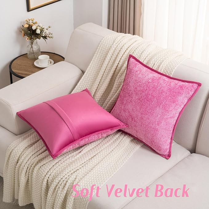 FUTEI Hot Pink Chenille Throw Pillow Covers 26x26 Inch Set of 2,Soft Cozy Bound Edge Design Euro Pillow Sham,Home Decor for Couch Bed Living Room