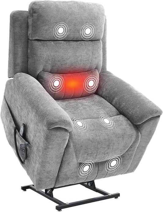 PELUMY Power Lift Recliner Chair for Elderly with Massage and Heat, Dual Motor Heavy Duty 350lbs Recliner, 8-Point Vibration & Lumbar Heating, Electric Lift Chair (Chenille, Dark Grey)