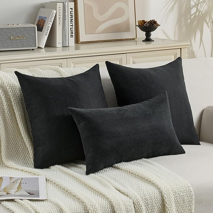 FUTEI Black Chenille Throw Pillow Covers 18x18 Inch Set of 2,Soft Wide Chevron Textured Cushion Case,Farmhouse Home Decor for Couch Bed Living Room