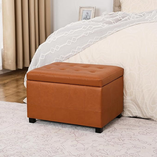 Asense Storage Ottoman Bench,Foot Stool Ottoman with Storage, Faux Leather Foot Rest Seat with Safety Hinge,Wood Legs Stool for Living Room, Bedroom,Enterway,Brown