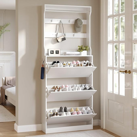 Tall Shoe Cabinet with Coat Rack, Hidden Shoe Storage Cabinet with Doors & Drawer, Hanging Bar & Hooks, Slim Narrow Freestanding Shoe Rack Organizer for Entryway, Hallway & Living Room, White