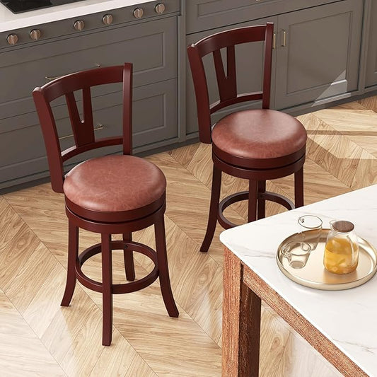 COSTWAY Barstools Set of 2, 30” Faux Leather Upholstered Bar Stools with High Backs and Footrests, Armless Kitchen Island Dining Chairs with Solid Wood Legs, Cappuccino (2, 30'' Seat Height)