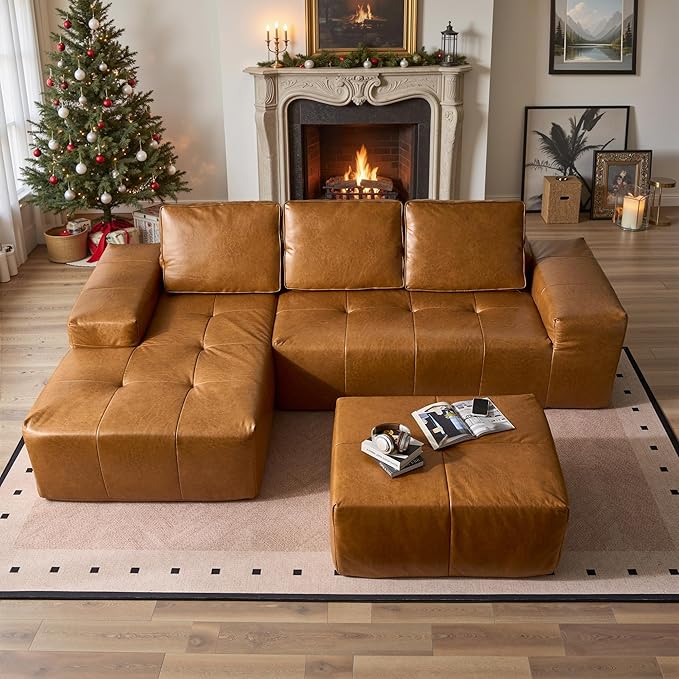 114" Cloud Sectional Couch with L-Shape Chaise & Ottoman, Modern Boneless Couches for Living Room, Fluffy Tufted Deep Seat Modular Sofa No Assembly (Faux Leather,Brown,Left Facing)