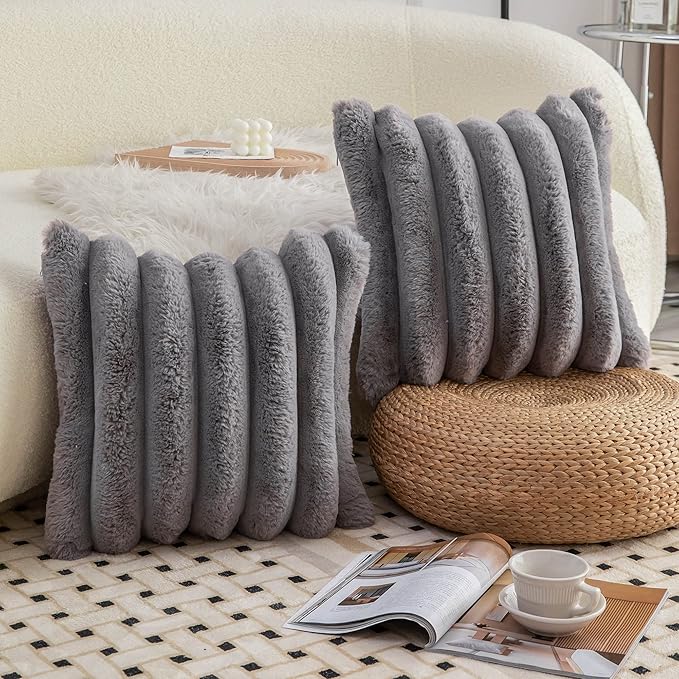 Neelvin Grey Faux Fur Cozy Soft Striped Decorative Throw Pillow Covers 26x26 inch Set of 2,Velvet Pillowcase Cushion Case for Sofa Couch