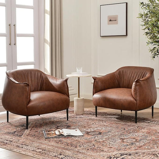 KINWELL 33" W Faux Leather Barrel Chairs Set of 2 with Hand-Tufted Pleated Back Flared Arms, Modern PU Upholstered Accent Chairs with Metal Legs, Large Armchairs Lounge Chairs for Living Room, Brown