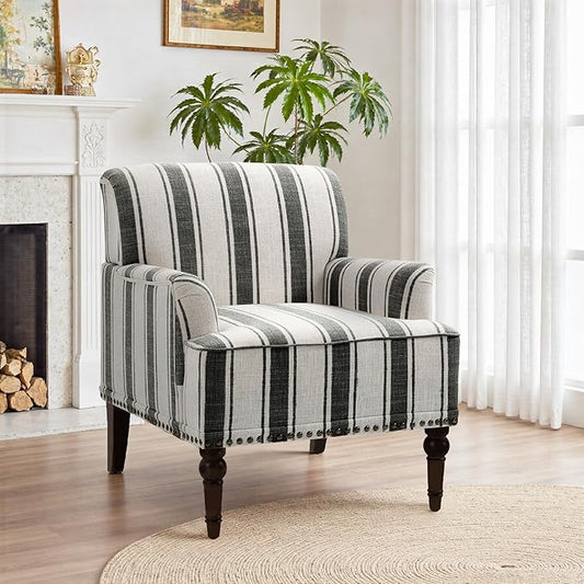 Pia Ricco Stripe Accent Chair-Modern Nailhead Trim & Wood Legs Armchair - Comfy Living Room, Bedroom, or Home Office Seating-Black