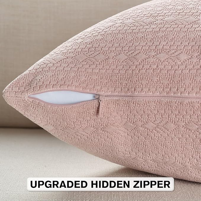 FUTEI Pink Chenille Throw Pillow Covers 16x16 Inch Set of 2,Soft Striped & Diamond Textured Cushion Cases,Modern Home Decor for Couch Living Room