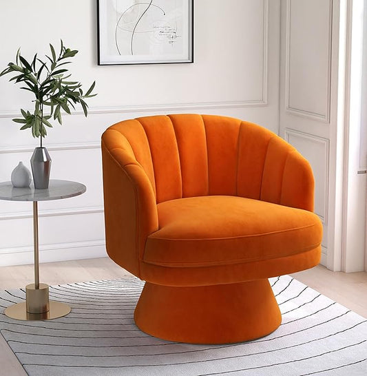 Swivel Accent Chair,Upholstered Velvet 360° Swivel Barrel Chair for Living Room Overstuffed Bouncle Reading Chair Round Armchair for Bedroom,Vanity,Office (Orange)