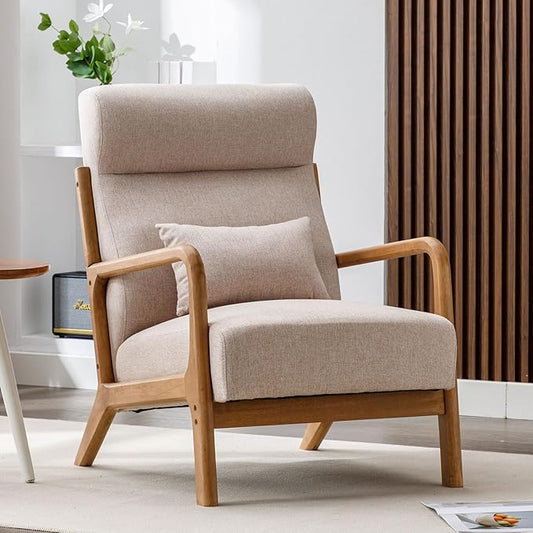ANJHOME Mid Century Modern Accent Chair with High Back, Single Lounge Armchair with Solid Wood Frame, Comfy Reading Chair for Living Room, Easy Assembly