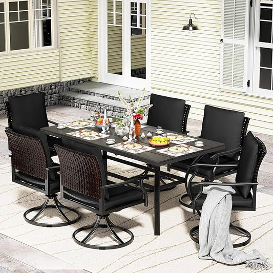 LEVELEVE 7 Piece Outdoor Patio Dining Set with 6 Swivel Dining Chairs & 1 Large Round Dining Table,Bistro Furniture Set for Lawn, Garden, Deck, Backyard and Porch