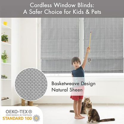 Madison Park Galen Cordless Roman Shade, 27"W x 64"H, Sheen Grey – Room Darkening, Thermal Insulated, Energy Efficient Window Blind with Subtle Sheen Basketweave Fabric for Privacy
