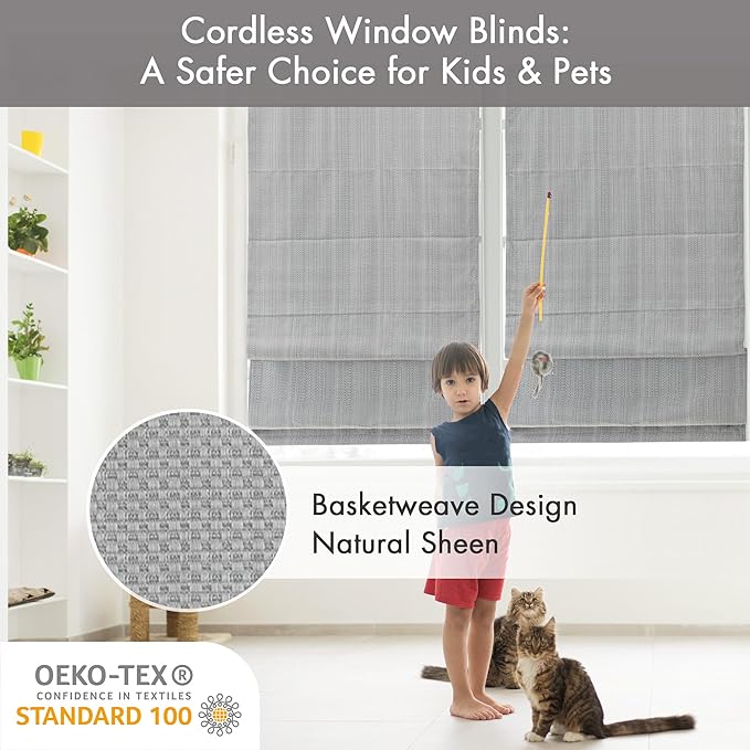 Madison Park Galen Cordless Roman Shade, 34"W x 64"H, Sheen Grey – Room Darkening, Thermal Insulated, Energy Efficient Window Blind with Subtle Sheen Basketweave Fabric for Privacy