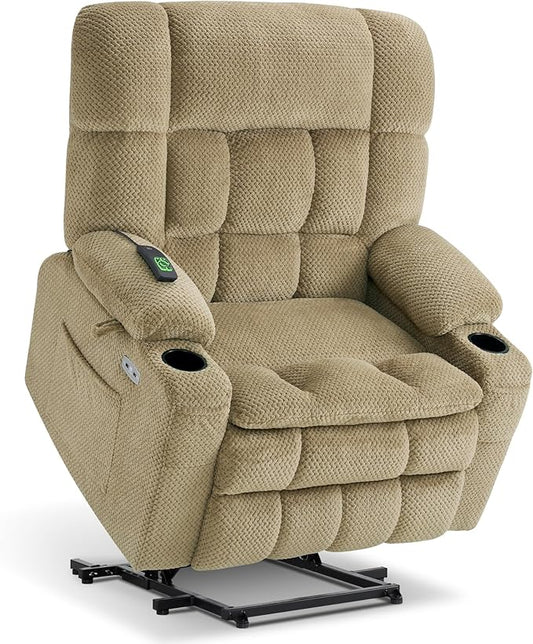 MCombo Dual Motor Power Lift Recliner Chair for Elderly, Lay Flat Lift Chair with Heat and Massage, Extra Wide Lift Recliner for Big People, Cup Holders, Fabric R7897 (Medium-Wide, Beige)
