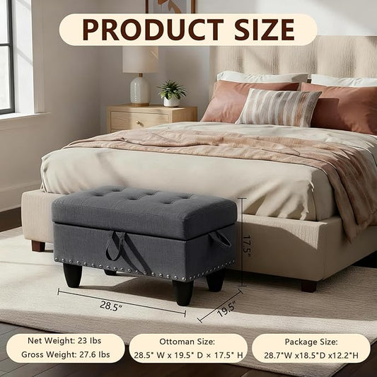 Linen Fabric Storage Ottoman with Nailhead Trim, 28.5"X19.5"X17.5" Footrest Stool, Hidden Storage Foot Stool for Living Room, Bedroom Furniture, Grey