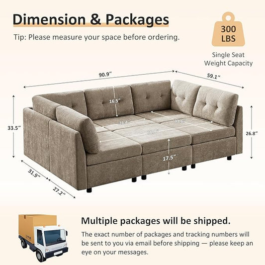 VANOMi 6 Seat Cloud Modular Sofa, 118" Convertible Sectional Cloud Sofas & Couches for Living Room, Comfy Chenille Sectional Couches for Living Room, Apartment, Office, Camel, Sofa Bed