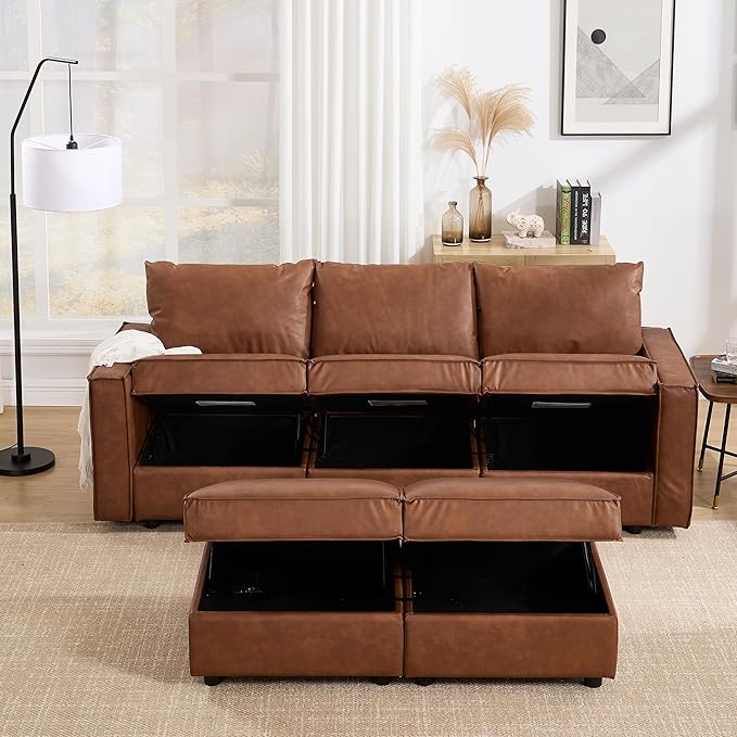 U Shaped Brown Leather, 90 Inches Cloud Modular Sectional Sofa, Modern Convertible Comfortable Sofa for Living Room/Apartment