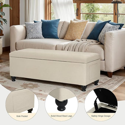 Storage Ottoman Bench 46 Inch Ottoman Bench with Storage Fabric Tufted Benches for End of Bed, Upholstered Ottomans Benches King Size with Hinged Lid for Living Room Bedroom Beige