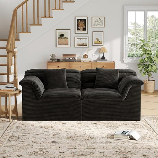 81" Sofa with Deep Seats Oversize, 2 Seater Cloud Couches, Upholstered Corduroy Loveseat for Living Room Bedroom, No Assembly Required, Black