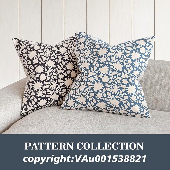 Foindtower Set of 2 Decorative Neutral Floral Throw Pillow Covers Accent Farmhouse Cushion Covers Boho Vintage Pillowcase for Couch Sofa Bedroom Living Room Home Decor,22×22 Inch,Dusty Blue