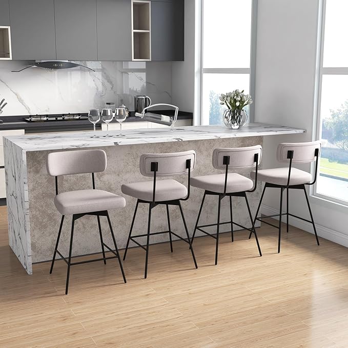 COSTWAY Bar Stools Set of 4, 25” Upholstered Counter Height Bar Stools with Back, 360° Swivel Dining Chairs with Heavy-Duty Metal Legs and Footrests, for Kitchen Island, Dining Room, Bar (4, Beige)