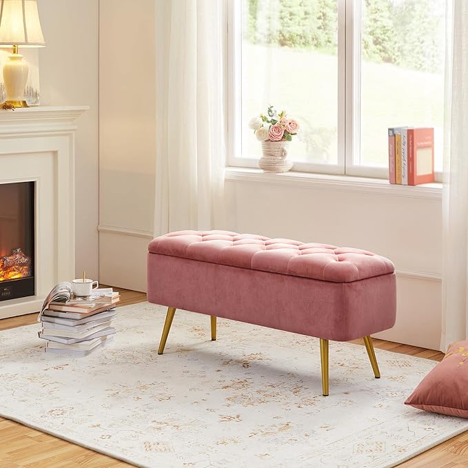 Yaheetech Ottoman with Storage 2pcs, Velvet Entryway Bench with Safety Hinge, Upholstered Bench with Seating for Bedroom, Living Room, Holds up to 519 lb, Pink