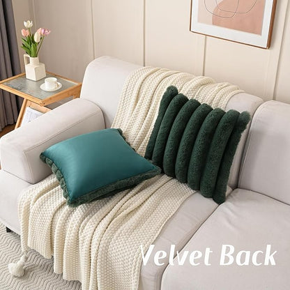 FUTEI Christmas Dark Green Decorative Throw Pillow Covers 24x24 Inch Set of 2, Square Soft Faux Rabbit Fur Thick Striped European Cushion Covers,Winter Home Decor for Couch Bed Living Room