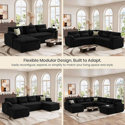 Belffin Large Modular Sectional Sofa with Double Deep Chaise, 104" Corduroy U Shaped Couch with 9" Soft Dual-Layer Seats Cushion Sectional Couches for Living Room, Apartment, Black