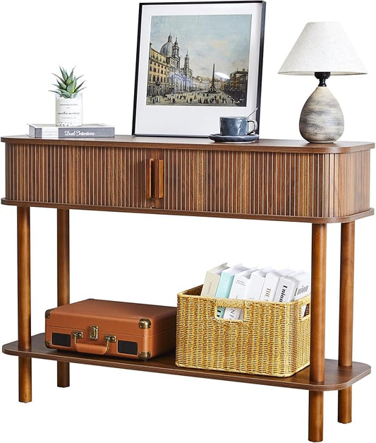 RARZOE Console Table with Storage, Fluted Entryway Table with Sliding Door&Open Shelf, Sofa Table Behind Couch, Mid-Century Modern Accent Table for Hallway, Entrance, Foyer, Fully Assembled(Walnut)