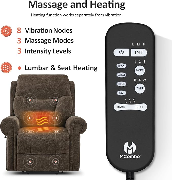 MCombo Triple Motor Power Lift Recliner Chair with Massage and Lumbar&seat Heating, Rolled Arms, Adjustable Headrest for Elderly People, Fabric 7888 (Coffee, Medium)