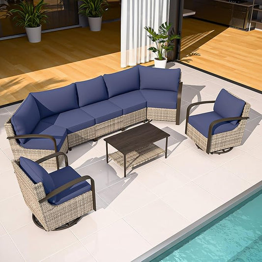 COOS BAY Aurora Terrace Half-Moon Outdoor Furniture Set, Rattan Conversation Set with Swivel Rockers, Curved 5-Seat Sofa, Coffee Table, Seats 7, Beige/Blue