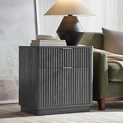 T4TREAM 23'' Fluted Nightstand with Charging Station, Large 2 Drawer Side Table, Modern End Table with Storage, Mid Century Bedside Table for Bedroom, Living Room, Curved Profile, Dark Alder