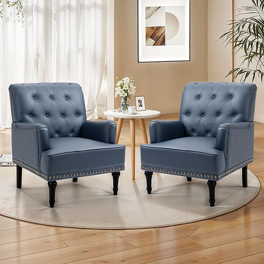 MOJAY Faux Leather Accent Chair Set of 2, Mid-Century Modern Living Room Chair Lounge Study Sofa Chair with Sturdy Wood Legs, Club Chair Armchair for Bedroom Home Study Reception (DarkBlue)