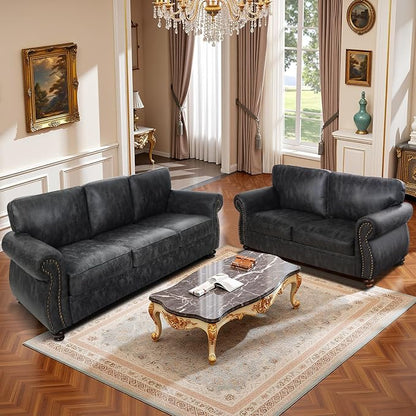 Mid-Century Vintage Sofa Couches with Rivet Design,3-Seater Sofa,Removable Sofa Cover Upholstered Cushions and Solid Wood Frame (Grey, 3-Seater)