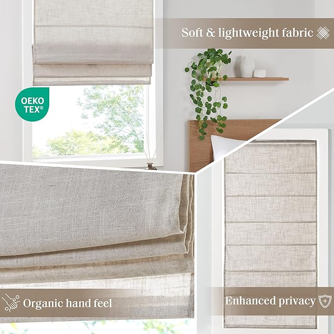 Madison Park Kyler Cordless Roman Shades - Single Panel, Lightweight Linen Blend Fabric, Natural Design, Easy Installation, Light Filtering Window Blind, Bedroom, Living Room Decor 34"W x 64"H Natural