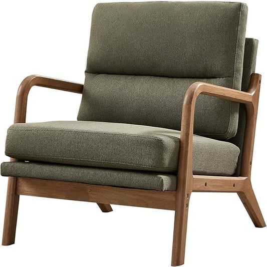 Mid Century Modern Accent Chair, Linen Fabric Upholstered Lounge Arm Chair with Solid Wood Frame and Soft Cushion for Living Room, Bedroom, Balcony (1, Green)