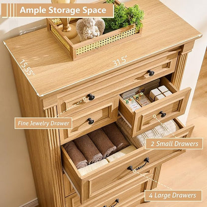 Farmhouse 7 Drawers Dresser for Bedroom, 57" Tall Large Dressers & Chests of Drawers w/Roman Column, Storage Dressers Organizer for Bedroom, Hallway, Living Room, Natrual