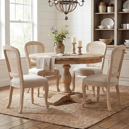 Wicker Dining Chairs Set of 4, Upholstered Linen Fabric Dining Room Chairs with Square High Rattan Back Farmhouse French Kitchen Chairs for Dining Table/Living Room/Restaurant, White
