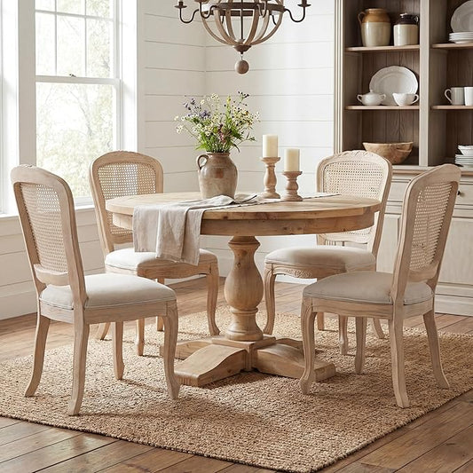 Wicker Dining Chairs Set of 4, Upholstered Linen Fabric Dining Room Chairs with Square High Rattan Back Farmhouse French Kitchen Chairs for Dining Table/Living Room/Restaurant, White