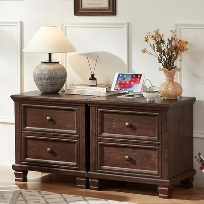 Farmhouse Bedroom Dresser and Nightstand Set of 4, 6 Drawer Low & 5 Drawers Dresser & 2 Drawer Nightstand Set, Rustic Wood Bedroom Furniture Set for Livingroom, Hallway, Walnut