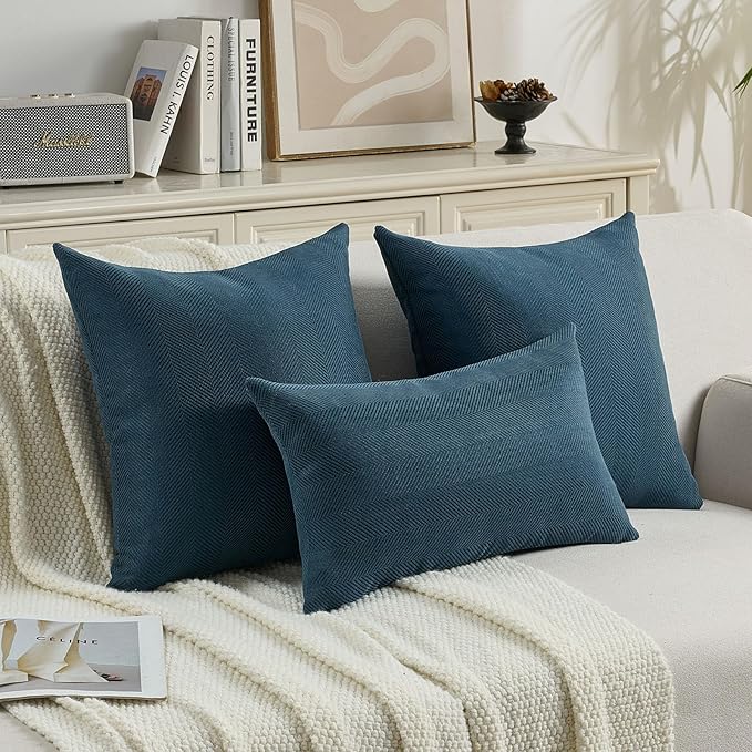 FUTEI Navy Blue Chenille Throw Pillow Covers 12x20 Inch Set of 2,Soft Wide Chevron Textured Lumbar Pillow Cases,Farmhouse Home Decor for Couch Bed Living Room