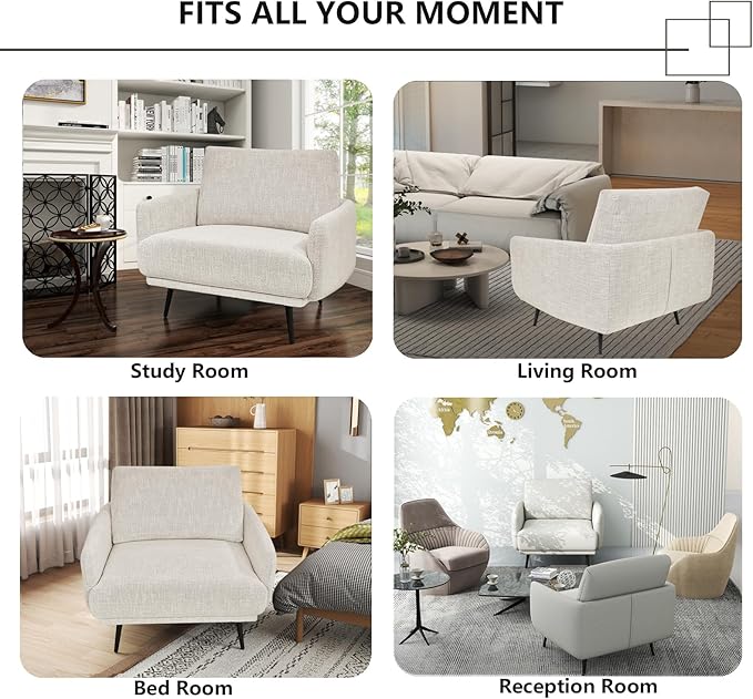 Oversized Accent Chair for Living Room Chairs Reading Arm Chair Comfy Modern Single Sofa Side Chairs with Metal Legs & Soft Cushion for Bedroom, Waiting Room (Chenille Beige Grey, Set of 2)
