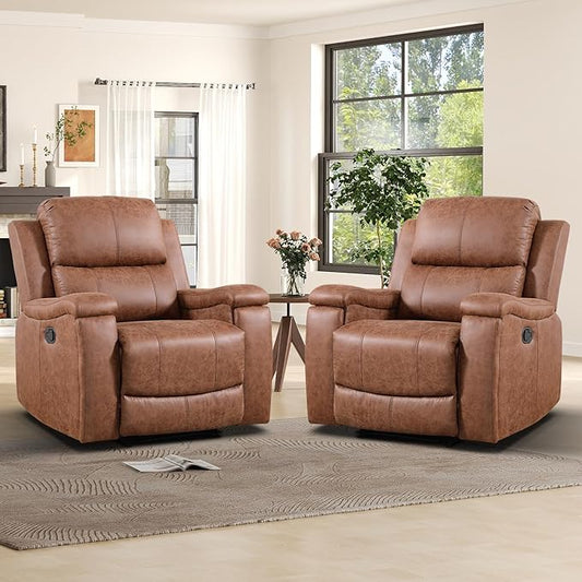 Leather Recliner Chair, Manual Recliner Chair for Adults with Overstuffed Arms and Back, Single Sofa Recliner with Cup Holders for Living Room Set of 2, Brown