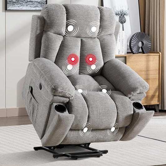 Large Power Lift Recliner Chair with Massage and Heat for Elderly, Wide Padded Recliner with 2 Cup Holders, Side Pocket & USB Charger,(1, Light Gray)