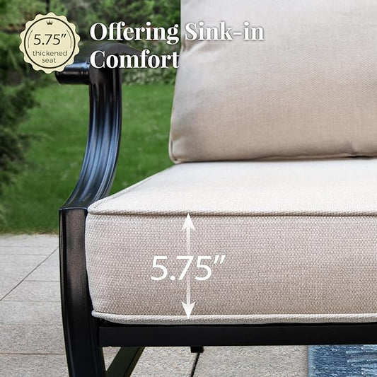 Patio Furniture Set, 6 Pcs Metal Outdoor Conversation Set, 2 Single Chairs, 2 Ottomans and 3 Seater Sofa with 5.75" Extra Thick Cushion and Gas Fire Pit Table, Beige
