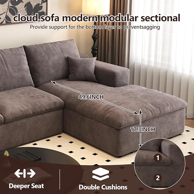 107'' L-Shaped Modern Modular Sectional Cloud Couch, 4-Seat Chenille Deep-Seat Sofa with Pillow for Living Room, Bedroom, Apartment, Camel