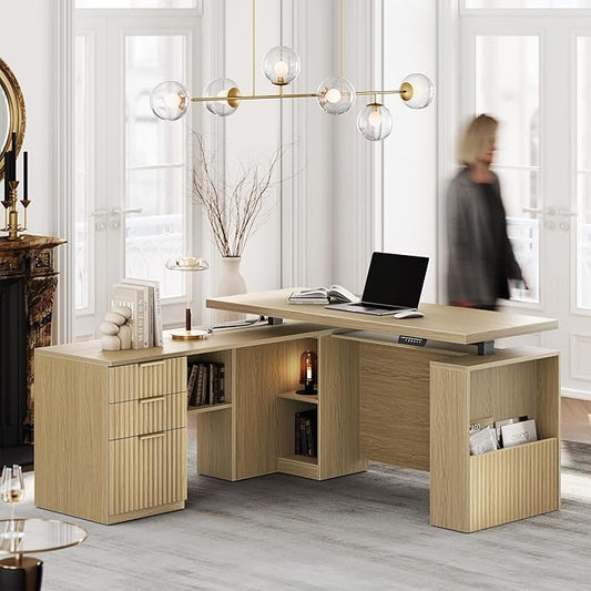 63 Inches L Shaped Standing Desk, Executive Standing Desk with Drawers and File Cabinet, AC/USB, 1.18" Desktop, Multi-sized Storage Cubby, Privacy Panel, Fluted Computer Desk, Light Walnut