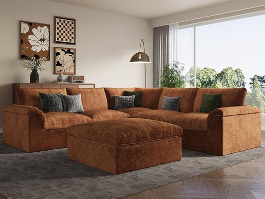 EASE MOOSE Boneless Modular Cloud Couch, Oversized L-Shaped Sectional Sofa for Living Room with Ottoman, Extra Large Movable Couches, 6-Deep-Seat Sofas for Bedroom, Apartment, Chenille (Brown)