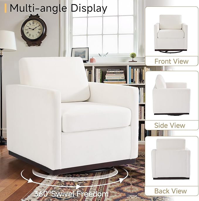 Pia Ricco Single Swivel Barrel Chair, Mid-Century Modern Accent Armchair with Plush Chenille Upholstery for Living Room & Cozy Reading Nook, Beige