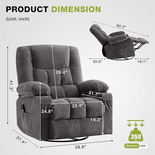 Power Recliner Chair with Rocking Function for Adults,Oversized Swivel Recliner with 2 Cup Holders,Side Pocket for Living Room