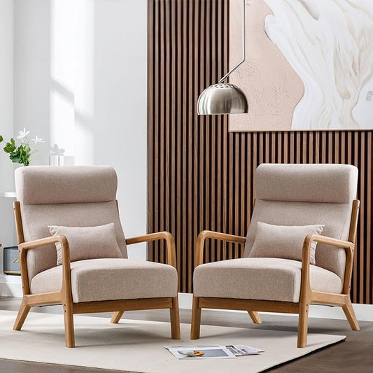 ANJHOME Mid Century High Back Accent Chairs Set of 2, Single Lounge Armchair with Solid Wood Frame, Comfy Reading Chair for Living Room, Easy Assembly